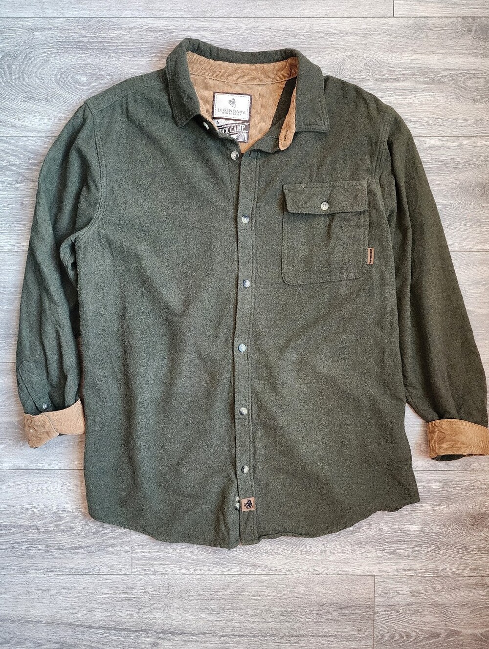 Forest Green Flannel Camp Button Up Shirt Jacket Corduroy Size Large Tall Fall